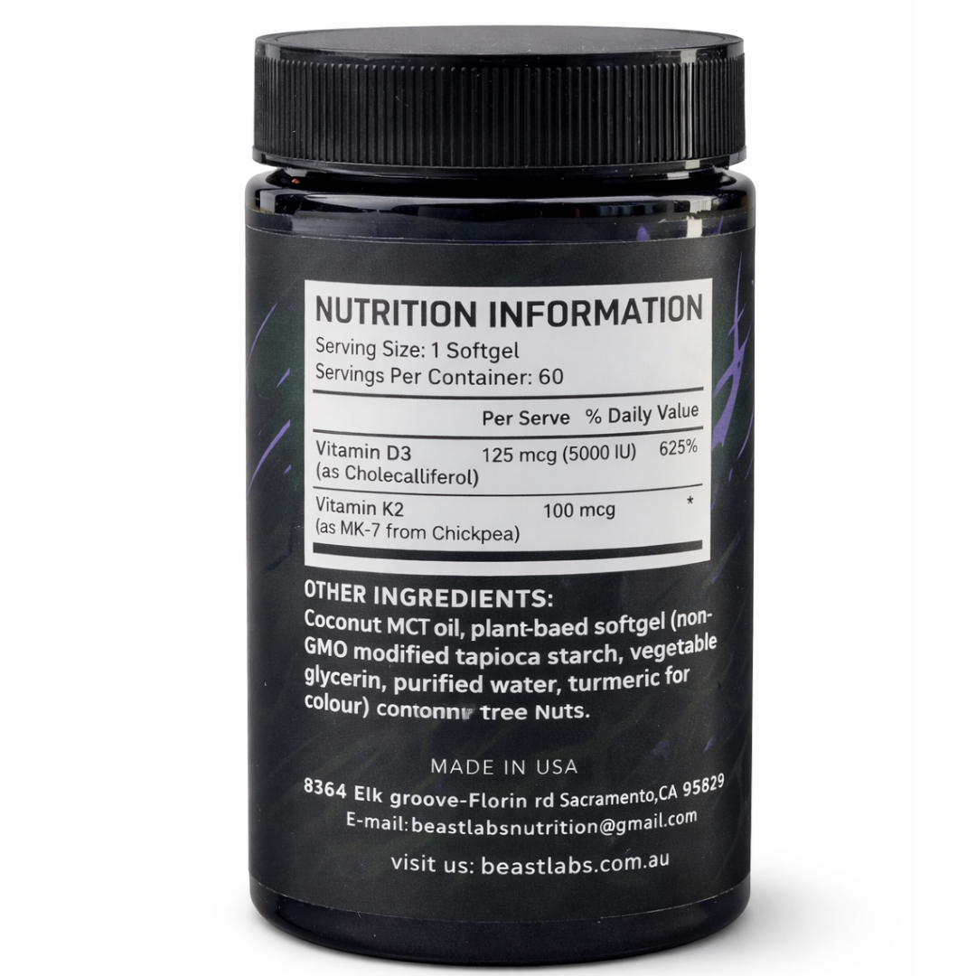 Vitamin D3 + K2 (MK-7) Plant-Based Complex by Beast Labs Nutrition